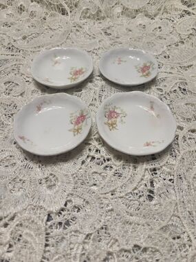 Antique Johnson Bros Royal England Semi Porcelain Butter Pats Pink Floral Set 4